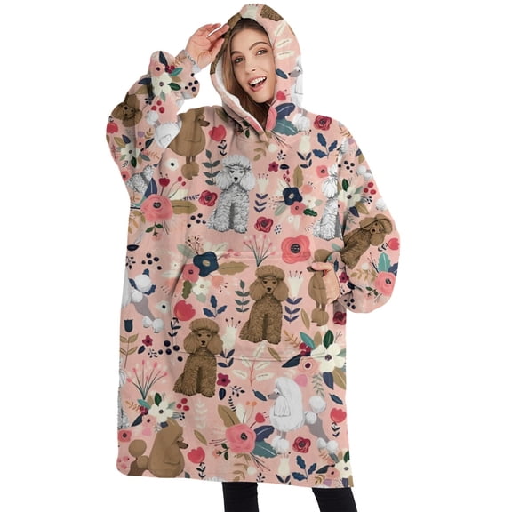 Oversized Wearable Blanket Hoodie,Poodle Dog and Flower Floral Sherpa Blanket Hoodie with Super Pockets,Super Warm Fuzzy Pullover for Women & Men