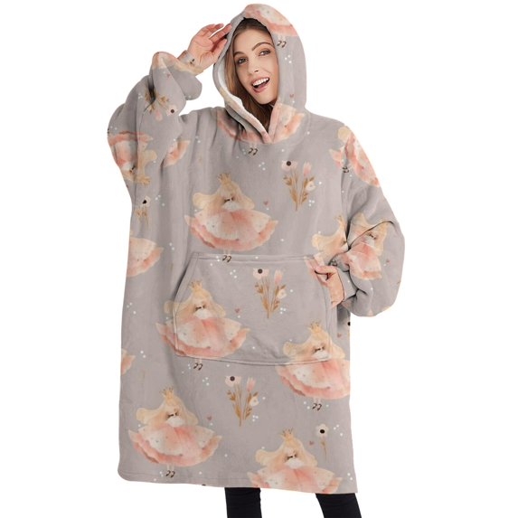 Oversized Wearable Blanket Hoodie,Princess Flower Dress Pattern Sherpa Blanket Hoodie with Super Pockets,Super Warm Fuzzy Pullover for Women & Men