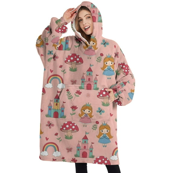 Oversized Wearable Blanket Hoodie,Princess Mushroom Castle Pattern Sherpa Blanket Hoodie with Super Pockets,Super Warm Fuzzy Pullover for Women & Men