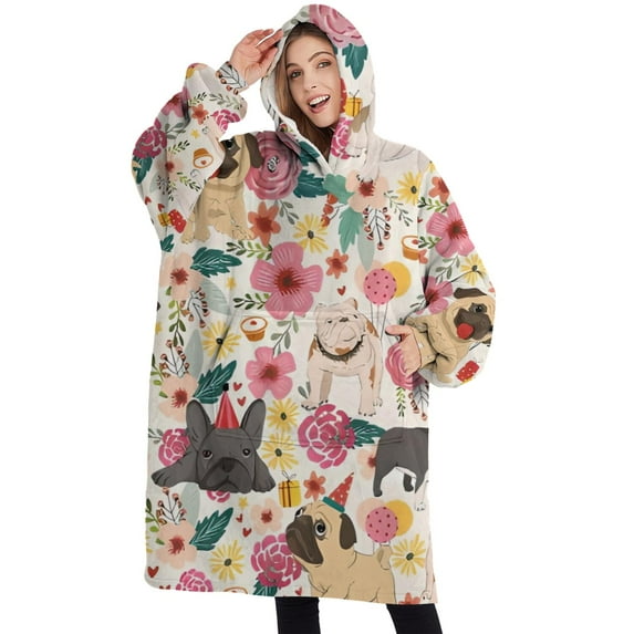 Oversized Wearable Blanket Hoodie,Pug Dogs with Pioneer Flower Sherpa Blanket Hoodie with Super Pockets,Super Warm Fuzzy Pullover for Women & Men