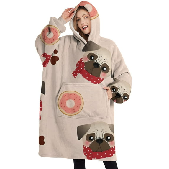 Oversized Wearable Blanket Hoodie,Pug and Donut Sherpa Blanket Hoodie with Super Pockets,Super Warm Fuzzy Pullover for Women & Men