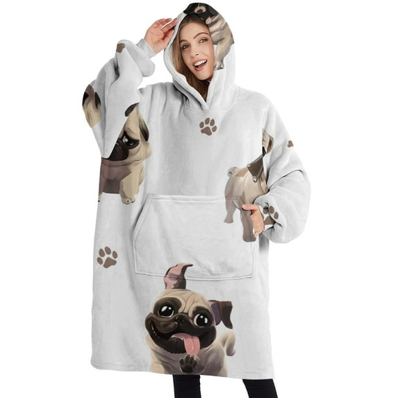 Oversized Wearable Blanket Hoodie,Pug and Footprint Sherpa Blanket Hoodie with Super Pockets,Super Warm Fuzzy Pullover for Women & Men