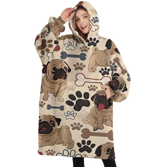 Oversized Wearable Blanket Hoodie,Pug and Footprint Sherpa Blanket Hoodie with Super Pockets,Super Warm Fuzzy Pullover for Women & Men