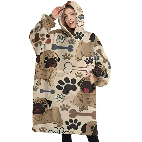 Oversized Wearable Blanket Hoodie,Pug and Footprint Sherpa Blanket Hoodie with Super Pockets,Super Warm Fuzzy Pullover for Women & Men