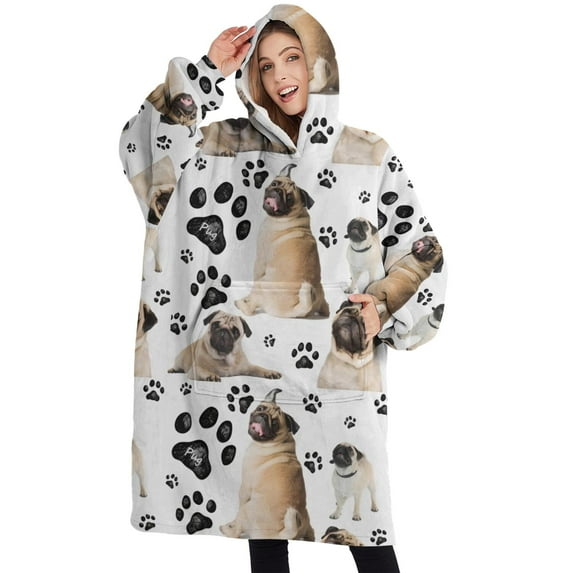 Oversized Wearable Blanket Hoodie,Pug and Footprints Sherpa Blanket Hoodie with Super Pockets,Super Warm Fuzzy Pullover for Women & Men