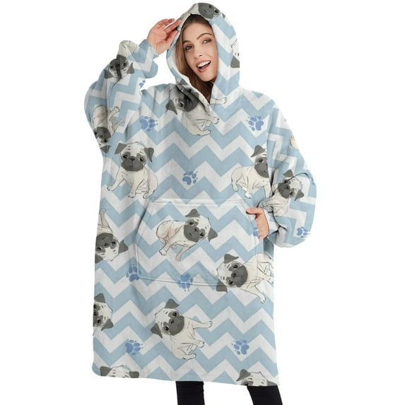Oversized Wearable Blanket Hoodie,Pug and Footprints Sherpa Blanket Hoodie with Super Pockets,Super Warm Fuzzy Pullover for Women & Men