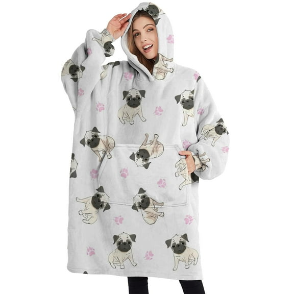 Oversized Wearable Blanket Hoodie,Pug and Footprints Sherpa Blanket Hoodie with Super Pockets,Super Warm Fuzzy Pullover for Women & Men