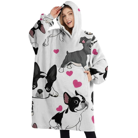 Oversized Wearable Blanket Hoodie,Pug and Love Heart Sherpa Blanket Hoodie with Super Pockets,Super Warm Fuzzy Pullover for Women & Men