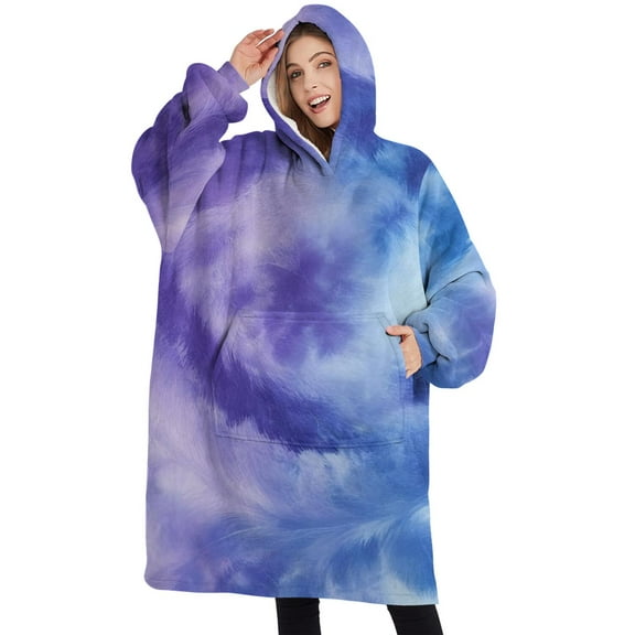 Oversized Wearable Blanket Hoodie,Purple Blue Tie Dye Pattern Sherpa Blanket Hoodie with Super Pockets,Super Warm Fuzzy Pullover for Women & Men