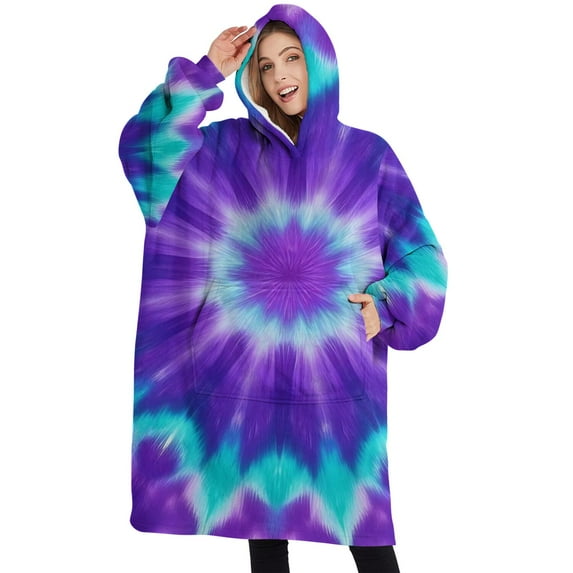 Oversized Wearable Blanket Hoodie,Purple Blue Tie Dye Spiral Pattern Sherpa Blanket Hoodie with Super Pockets,Super Warm Fuzzy Pullover for Women & Men