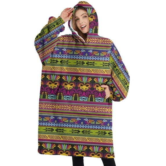 Oversized Wearable Blanket Hoodie,Purple Boho Tribal Birds and Meanders Pattern Sherpa Blanket Hoodie with Super Pockets,Super Warm Fuzzy Pullover for Women & Men