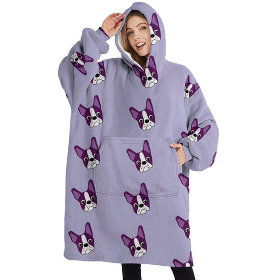 Oversized Wearable Blanket Hoodie,Purple Boston Terrier Puppy Sherpa Blanket Hoodie with Super Pockets,Super Warm Fuzzy Pullover for Women & Men