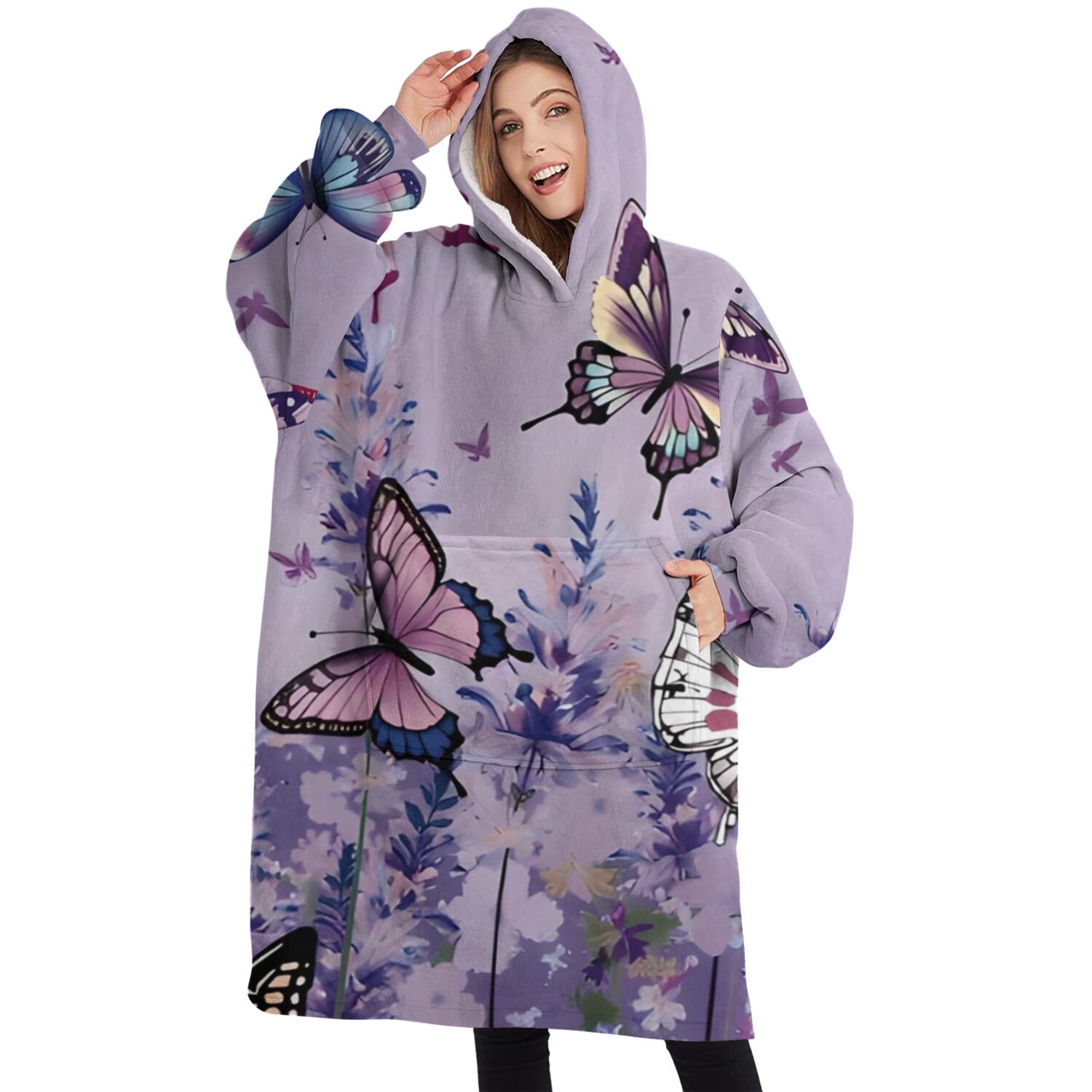 Oversized Wearable Blanket Hoodie,Purple Butterfly Flower Pattern Sherpa Blanket Hoodie with Super Pockets,Super Warm Fuzzy Pullover for Women & Men