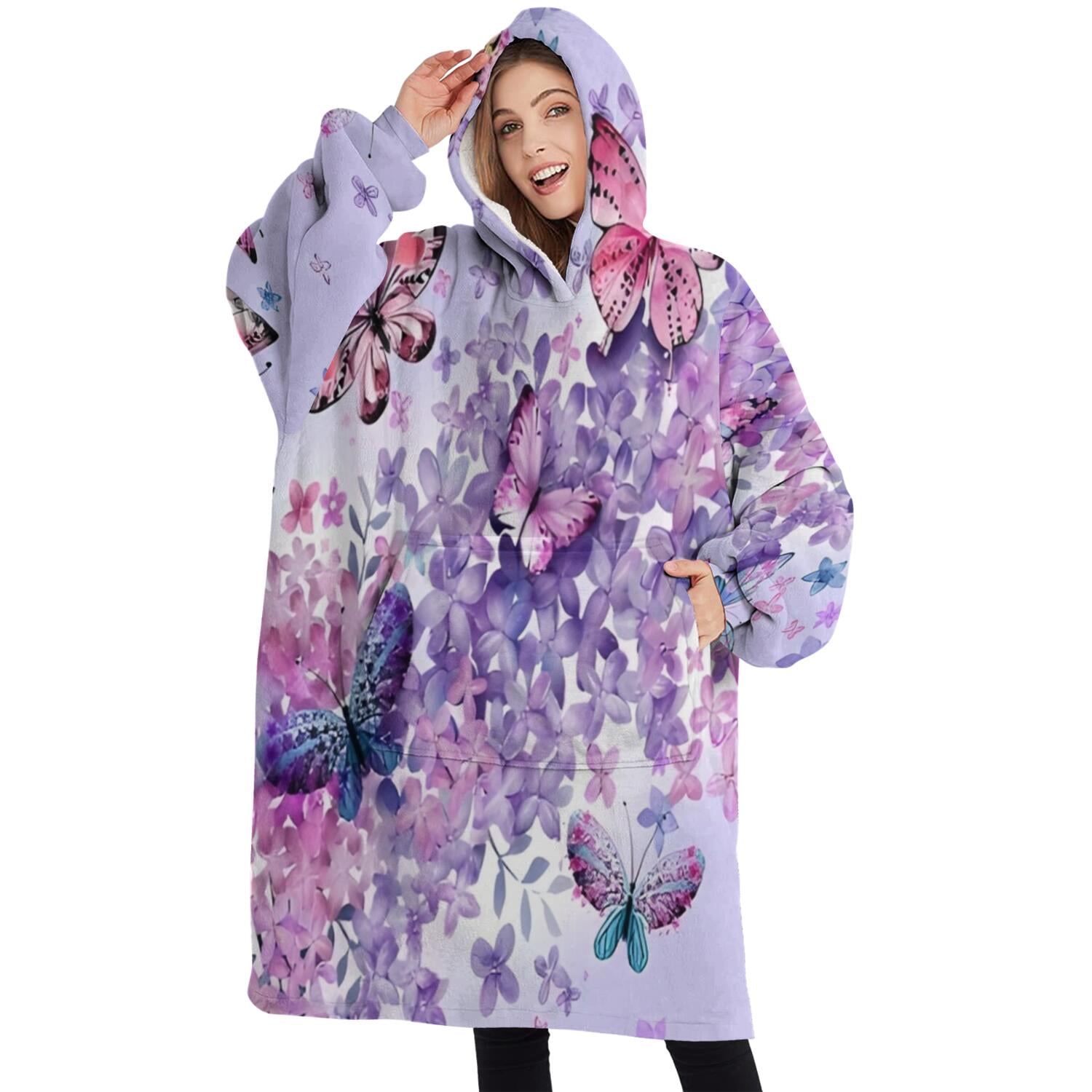 Oversized Wearable Blanket Hoodie,Purple Butterfly Flower Pattern Sherpa Blanket Hoodie with Super Pockets,Super Warm Fuzzy Pullover for Women & Men