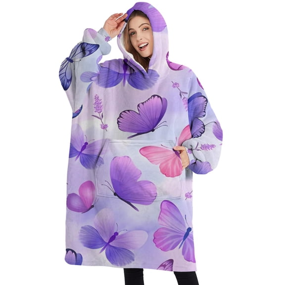 Oversized Wearable Blanket Hoodie,Purple Butterfly Lavender Pattern Sherpa Blanket Hoodie with Super Pockets,Super Warm Fuzzy Pullover for Women & Men