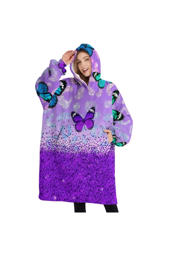 Oversized Wearable Blanket Hoodie,Purple Butterfly Leopard Pattern Sherpa Blanket Hoodie with Super Pockets,Super Warm Fuzzy Pullover for Women & Men