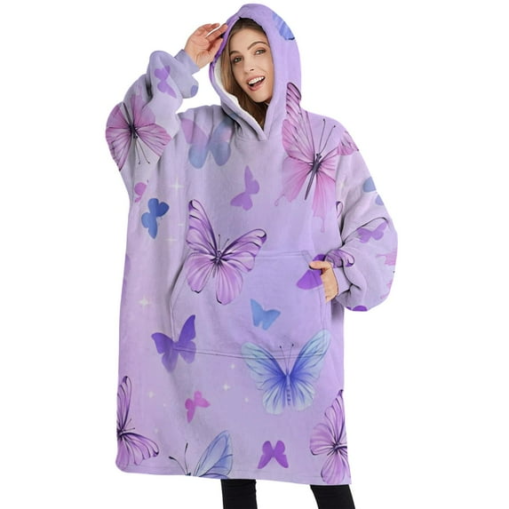 Oversized Wearable Blanket Hoodie,Purple Butterfly Pattern Sherpa Blanket Hoodie with Super Pockets,Super Warm Fuzzy Pullover for Women & Men