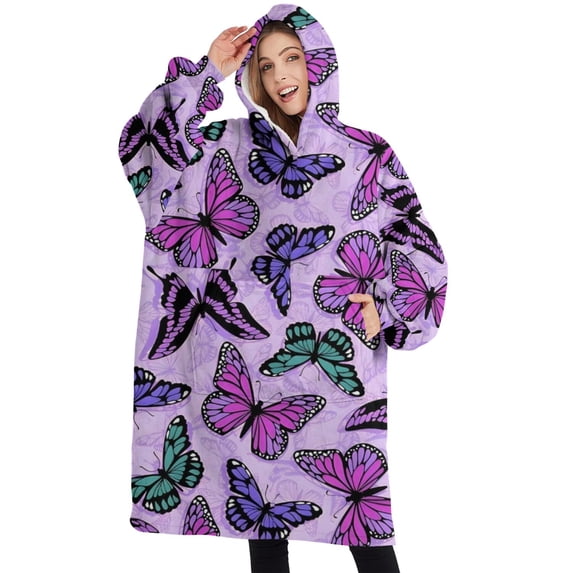 Oversized Wearable Blanket Hoodie,Purple Butterfly Pattern Sherpa Blanket Hoodie with Super Pockets,Super Warm Fuzzy Pullover for Women & Men