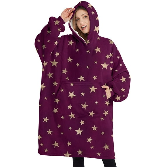 Oversized Wearable Blanket Hoodie,Purple Christmas Star Pattern Sherpa Blanket Hoodie with Super Pockets,Super Warm Fuzzy Pullover for Women & Men