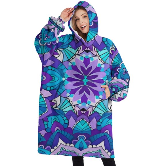 Oversized Wearable Blanket Hoodie,Purple Ethnic Mandala Pattern Sherpa Blanket Hoodie with Super Pockets,Super Warm Fuzzy Pullover for Women & Men