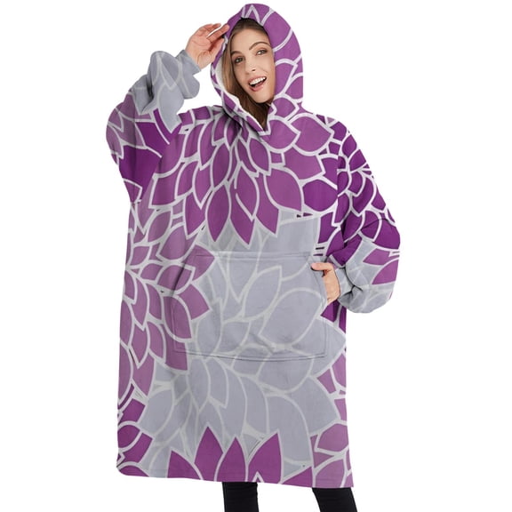 Oversized Wearable Blanket Hoodie,Purple Floral and Petal Pattern Sherpa Blanket Hoodie with Super Pockets,Super Warm Fuzzy Pullover for Women & Men