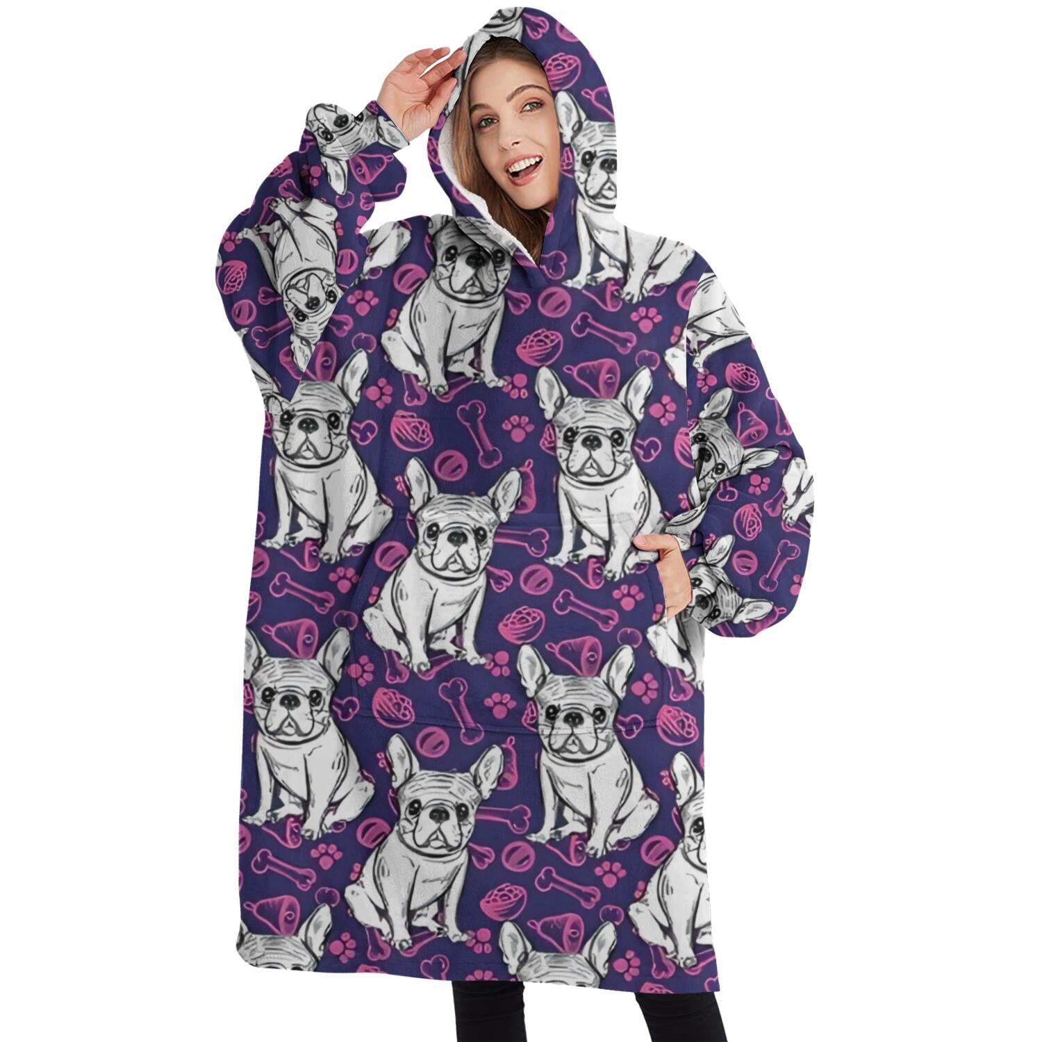 Oversized Wearable Blanket Hoodie,Purple French Bulldog Sherpa Blanket Hoodie with Super Pockets,Super Warm Fuzzy Pullover for Women & Men