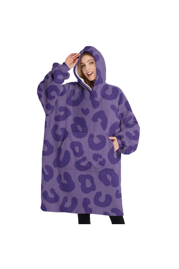 Oversized Wearable Blanket Hoodie,Purple Leopard Print Sherpa Blanket Hoodie with Super Pockets,Super Warm Fuzzy Pullover for Women & Men