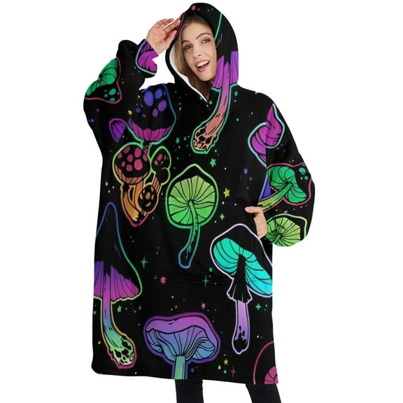 Oversized Wearable Blanket Hoodie,Purple Mushroom Star Black Pattern Sherpa Blanket Hoodie with Super Pockets,Super Warm Fuzzy Pullover for Women & Men