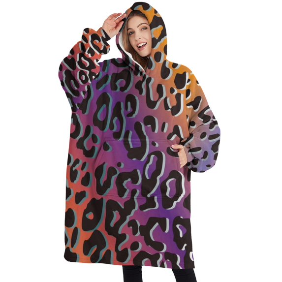 Oversized Wearable Blanket Hoodie,Purple and Orange Of Leopard Print Sherpa Blanket Hoodie with Super Pockets,Super Warm Fuzzy Pullover for Women & Men