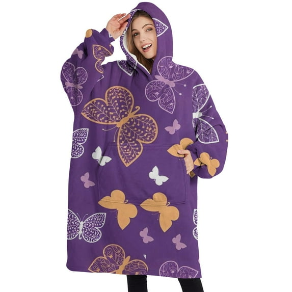 Oversized Wearable Blanket Hoodie,Purple Orange White Butterfly Pattern Sherpa Blanket Hoodie with Super Pockets,Super Warm Fuzzy Pullover for Women & Men