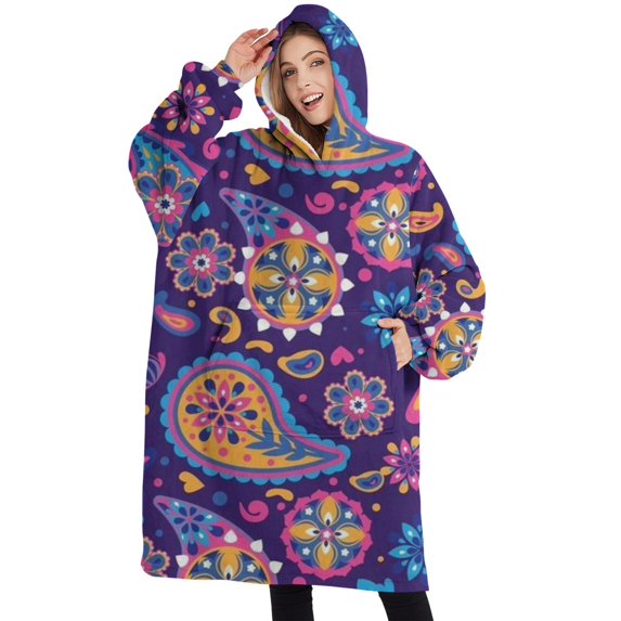 Oversized Wearable Blanket Hoodie,Purple Paisley and Floral Pattern Sherpa Blanket Hoodie with Super Pockets,Super Warm Fuzzy Pullover for Women & Men