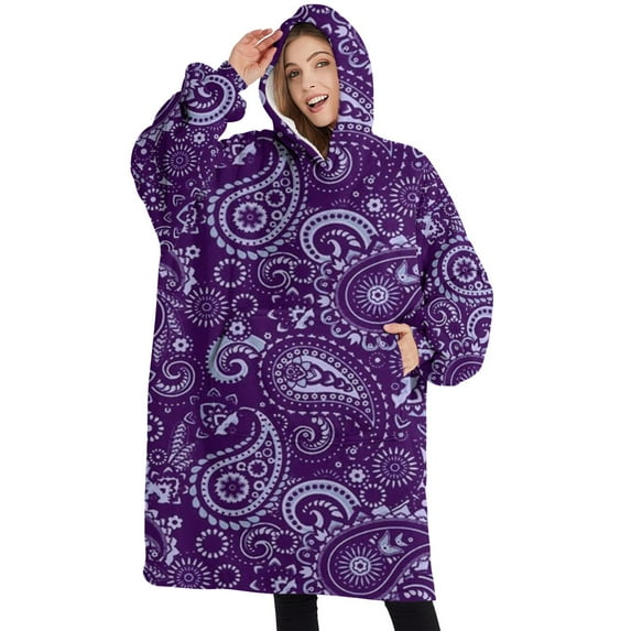 Oversized Wearable Blanket Hoodie,Purple Paisley Pattern Sherpa Blanket Hoodie with Super Pockets,Super Warm Fuzzy Pullover for Women & Men