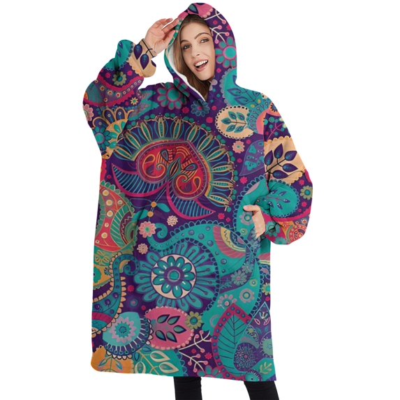 Oversized Wearable Blanket Hoodie,Purple Pioneer Flower and Paisley Pattern Sherpa Blanket Hoodie with Super Pockets,Super Warm Fuzzy Pullover for Women & Men