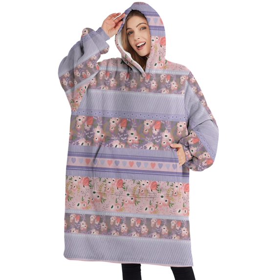 Oversized Wearable Blanket Hoodie,Purple Pioneer Flower Striped Pattern Sherpa Blanket Hoodie with Super Pockets,Super Warm Fuzzy Pullover for Women & Men