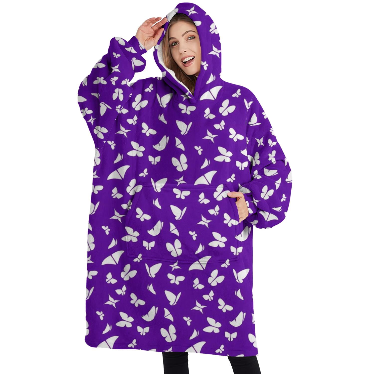 Oversized Wearable Blanket Hoodie,Purple White Butterfly Pattern Sherpa Blanket Hoodie with Super Pockets,Super Warm Fuzzy Pullover for Women & Men