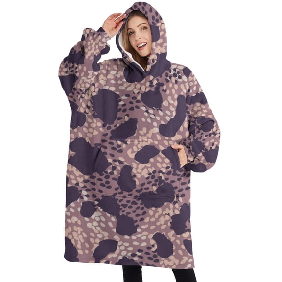 Oversized Wearable Blanket Hoodie,Purple and Pink Leopard Pattern Sherpa Blanket Hoodie with Super Pockets,Super Warm Fuzzy Pullover for Women & Men