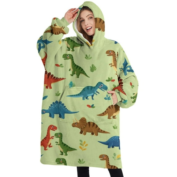 Oversized Wearable Blanket Hoodie,Rainbow Dinosaurs Tiny Plants Sherpa Blanket Hoodie with Super Pockets,Super Warm Fuzzy Pullover for Women & Men