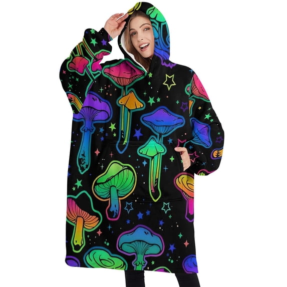 Oversized Wearable Blanket Hoodie,Rainbow Mushroom Neon Black Pattern Sherpa Blanket Hoodie with Super Pockets,Super Warm Fuzzy Pullover for Women & Men