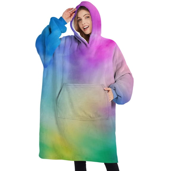 Oversized Wearable Blanket Hoodie,Rainbow Tie Dye Cloud Sherpa Blanket Hoodie with Super Pockets,Super Warm Fuzzy Pullover for Women & Men