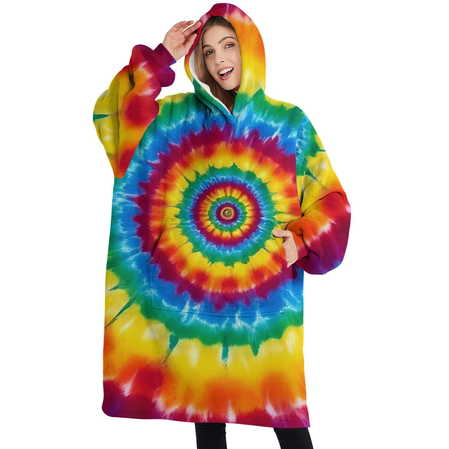 Oversized Wearable Blanket Hoodie,Rainbow Tie Dye Concentric Circles Sherpa Blanket Hoodie with Super Pockets,Super Warm Fuzzy Pullover for Women & Men