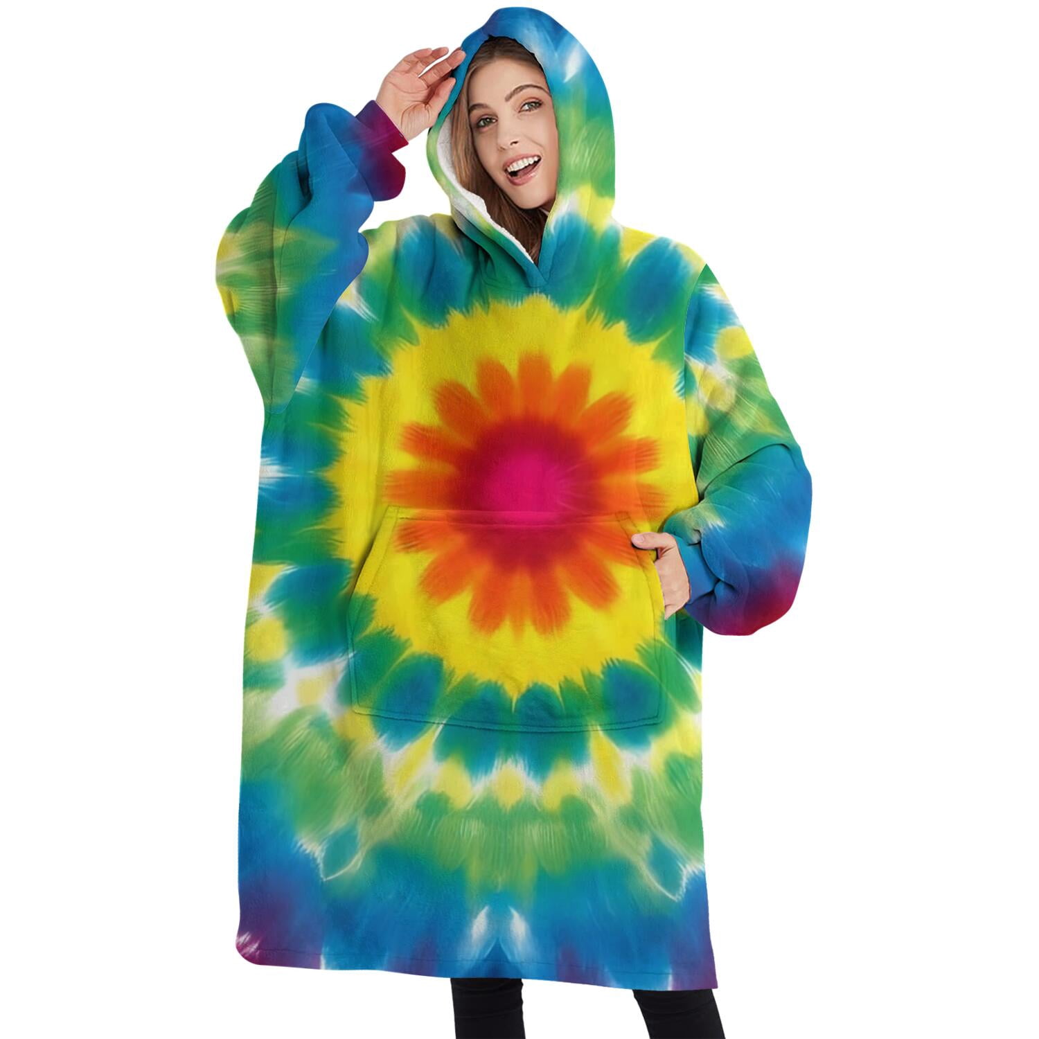 Oversized Wearable Blanket Hoodie,Rainbow Tie Dye Mandala Flower Pattern Sherpa Blanket Hoodie with Super Pockets,Super Warm Fuzzy Pullover for Women & Men