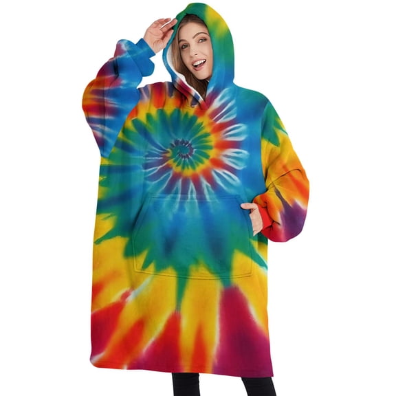 Oversized Wearable Blanket Hoodie,Rainbow Tie Dye Mandala Pattern Sherpa Blanket Hoodie with Super Pockets,Super Warm Fuzzy Pullover for Women & Men