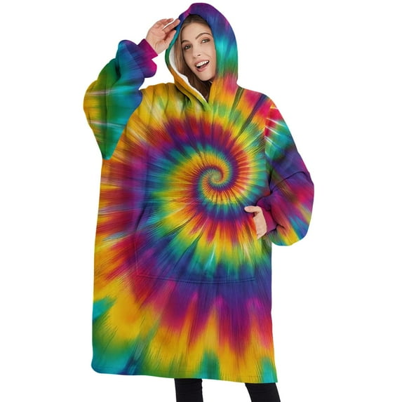 Oversized Wearable Blanket Hoodie,Rainbow Tie Dye Mandala Pattern Sherpa Blanket Hoodie with Super Pockets,Super Warm Fuzzy Pullover for Women & Men