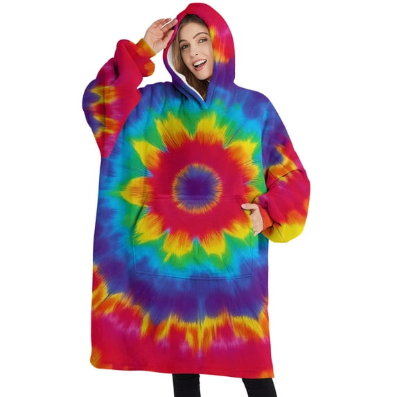 Oversized Wearable Blanket Hoodie,Rainbow Tie Dye Mandala Pattern Sherpa Blanket Hoodie with Super Pockets,Super Warm Fuzzy Pullover for Women & Men