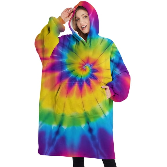 Oversized Wearable Blanket Hoodie,Rainbow Tie Dye Mandala Pattern Sherpa Blanket Hoodie with Super Pockets,Super Warm Fuzzy Pullover for Women & Men