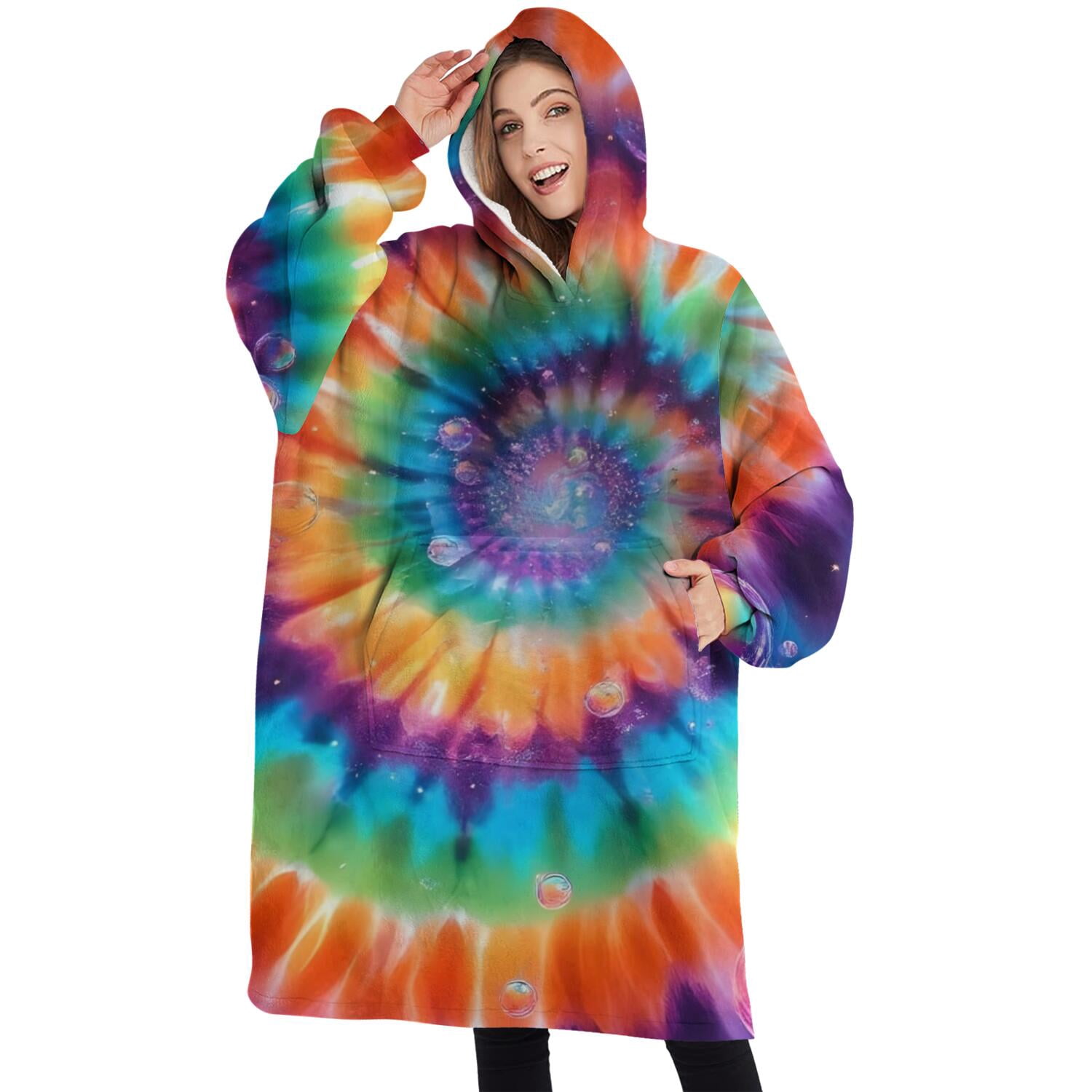 Oversized Wearable Blanket Hoodie,Rainbow Tie Dye Mandala Pattern Sherpa Blanket Hoodie with Super Pockets,Super Warm Fuzzy Pullover for Women & Men