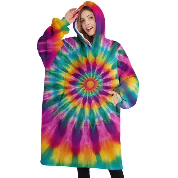 Oversized Wearable Blanket Hoodie,Rainbow Tie Dye Radial Pattern Sherpa Blanket Hoodie with Super Pockets,Super Warm Fuzzy Pullover for Women & Men