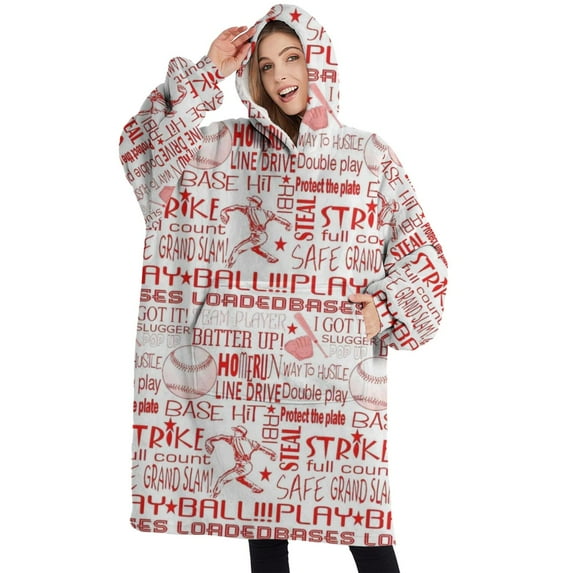 Oversized Wearable Blanket Hoodie,Red Baseball Terms Pattern Sherpa Blanket Hoodie with Super Pockets,Super Warm Fuzzy Pullover for Women & Men