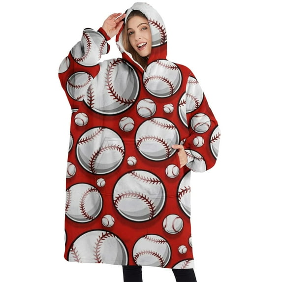 Oversized Wearable Blanket Hoodie,Red Baseballs Pattern Sherpa Blanket Hoodie with Super Pockets,Super Warm Fuzzy Pullover for Women & Men