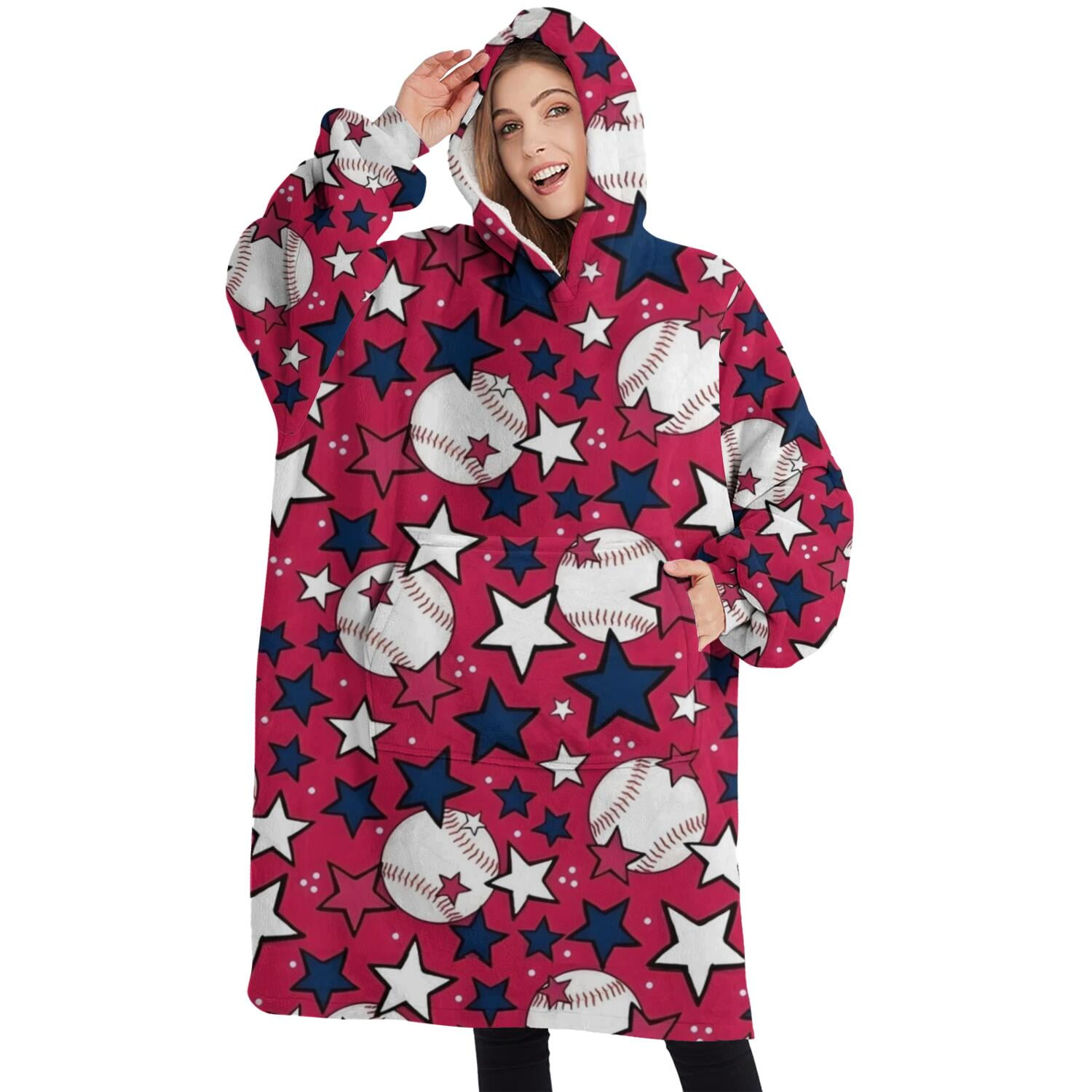 Oversized Wearable Blanket Hoodie,Red Baseballs and Stars Pattern Sherpa Blanket Hoodie with Super Pockets,Super Warm Fuzzy Pullover for Women & Men